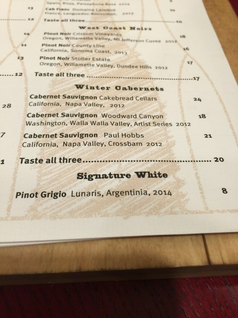 Vino Volo Winter Cabernet Series Menu